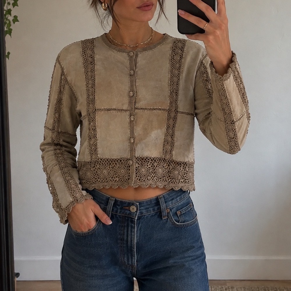 Vintage Tan Leather Suede Patchwork Crochet Lace Cardigan Jacket Boho Indie